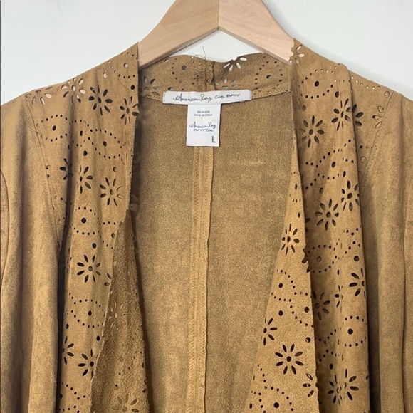 American Rag | Chestnut Brown Faux Suede Open Front Laser-cut Waterfall Top L - Picture 4 of 17